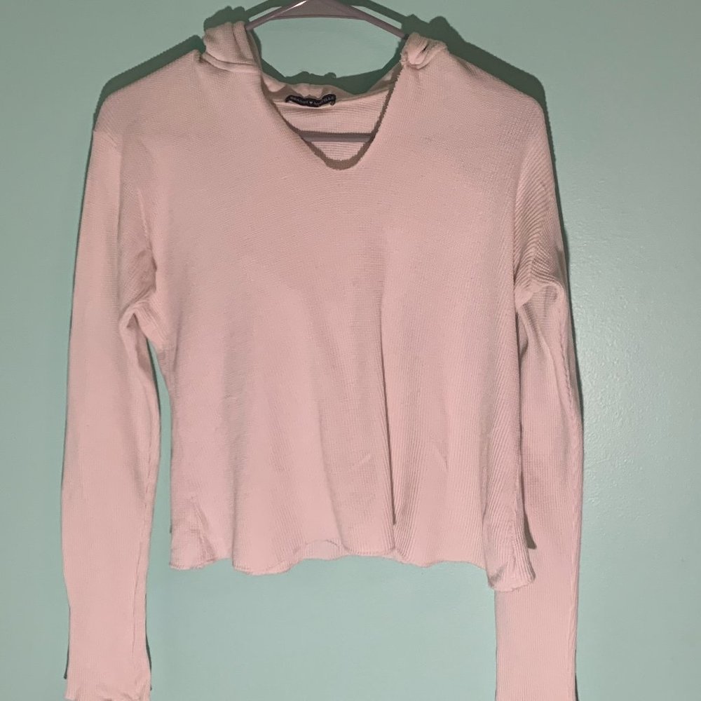 Brandy White Waffle-Knit Hooded Long Sleeve